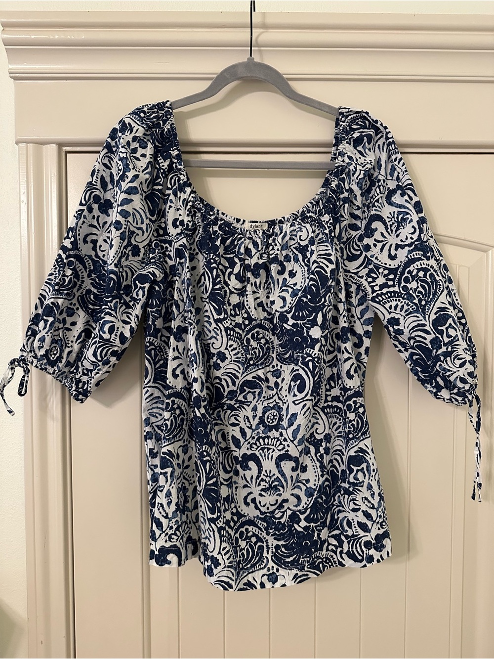 dylan Navy and White Printed Peasant Blouse